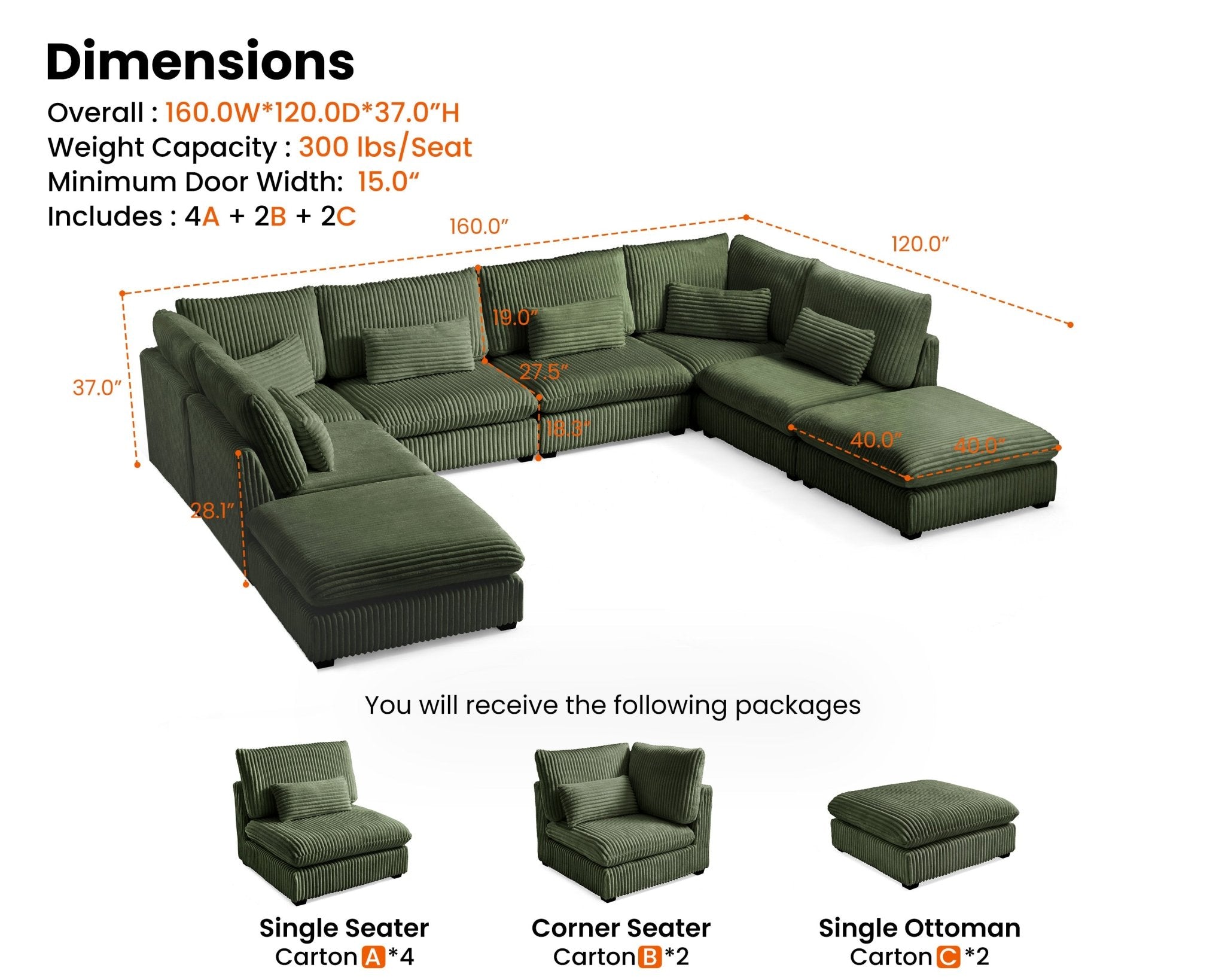 MONARCA Fluffy Corduroy 4 Seats with 4 Ottomans