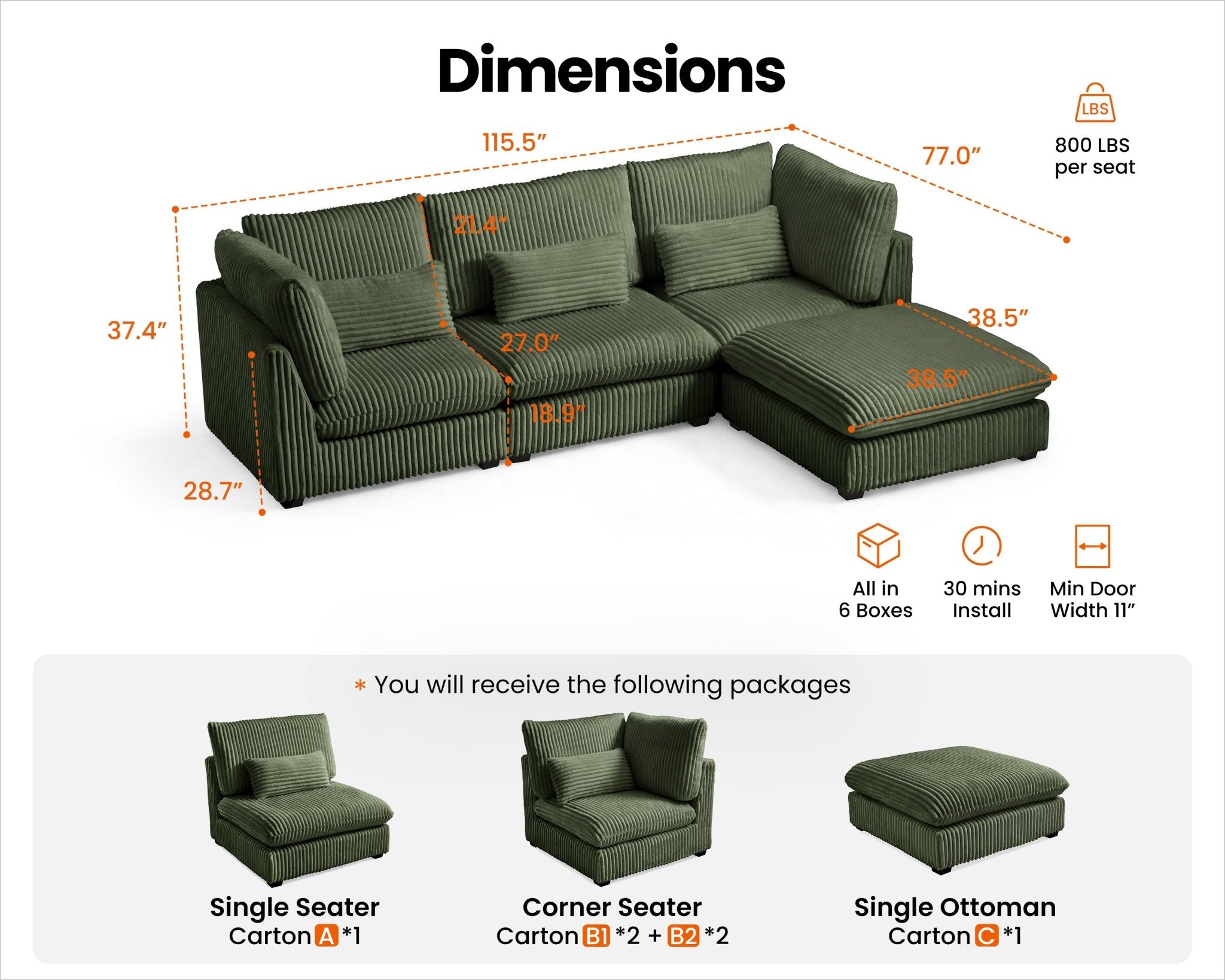 MONARCA Fluffy Corduroy 3 Seats with Ottoman
