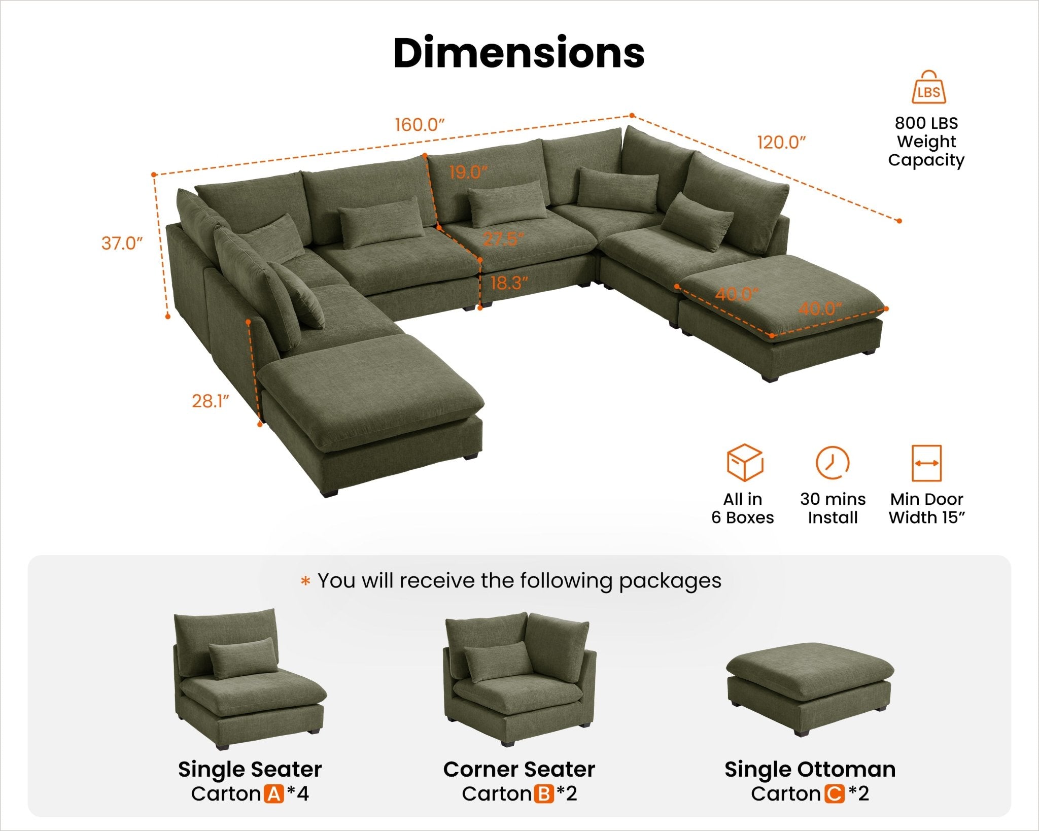 MONARCA Chenille 4 Seats with 4 Ottomans