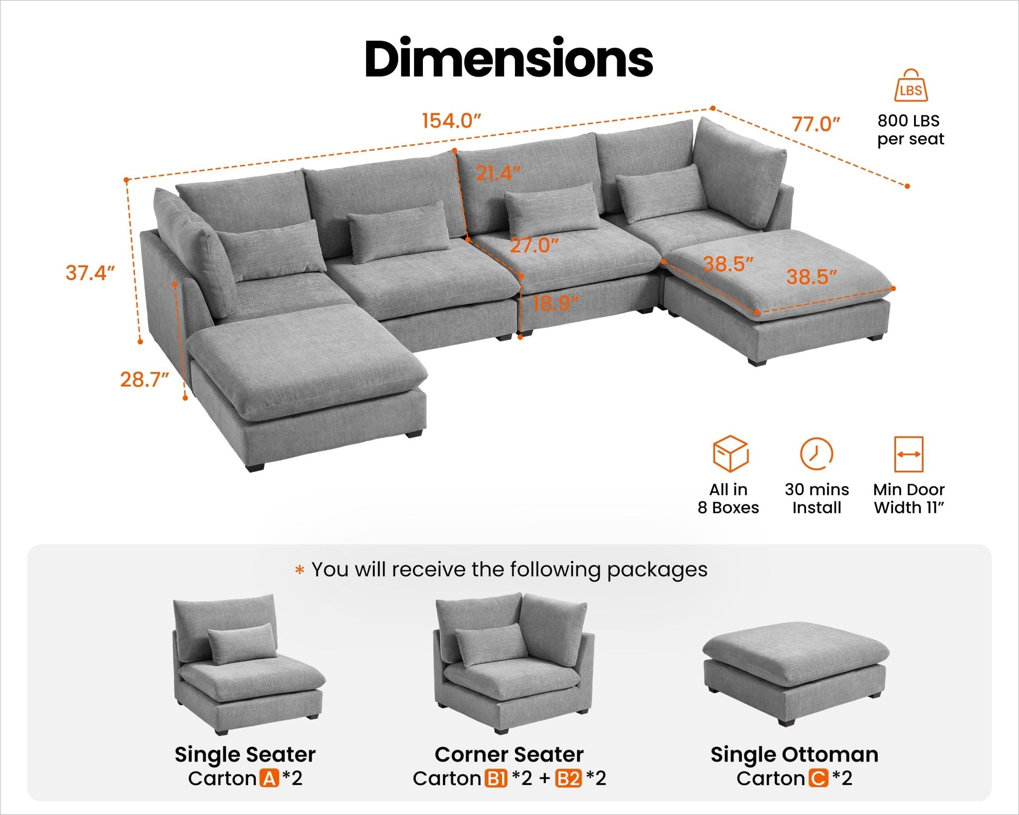 MONARCA Chenille 4 Seats with 2 Ottomans