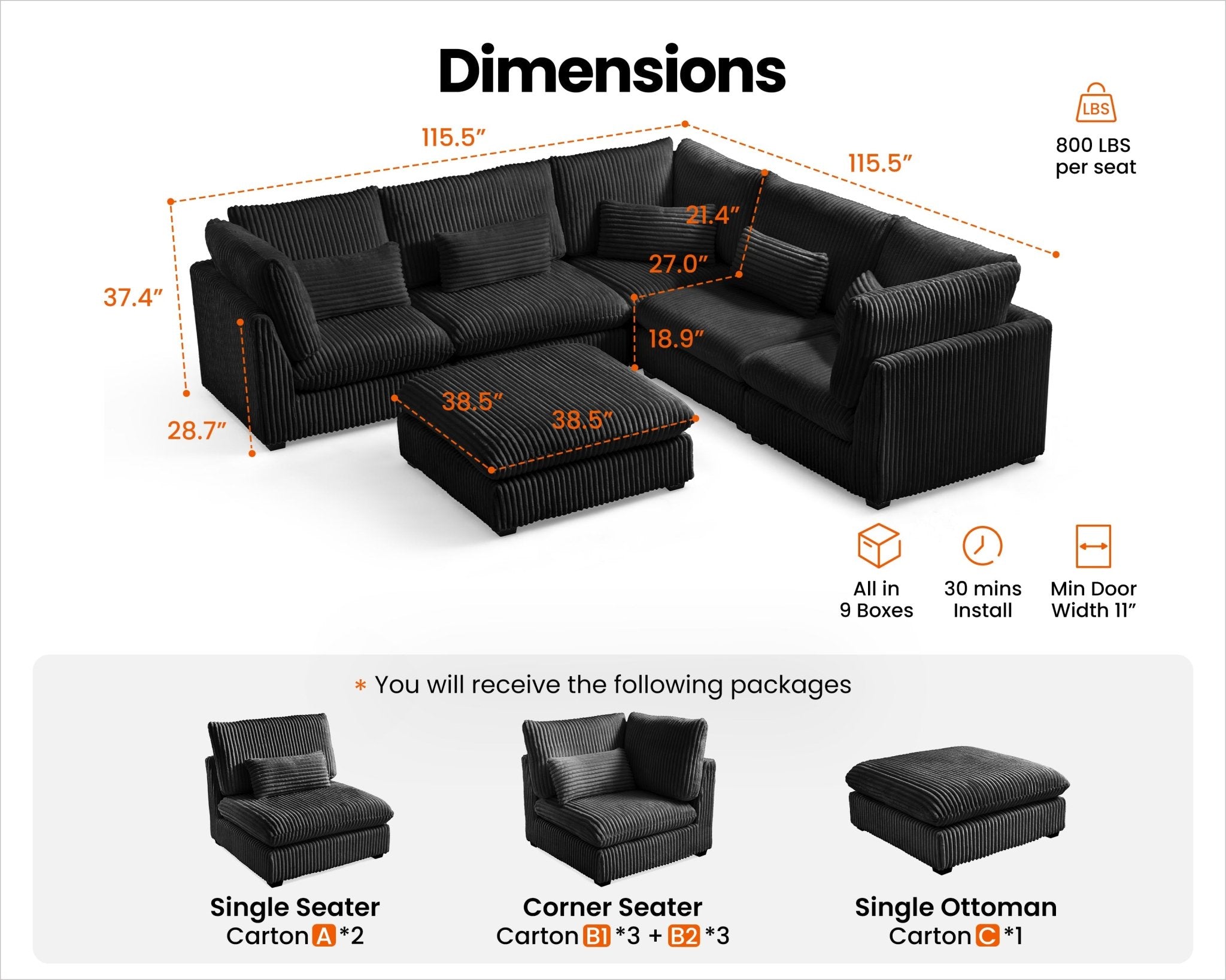 MONARCA Fluffy Corduroy 4 Seats with Corner & Ottoman
