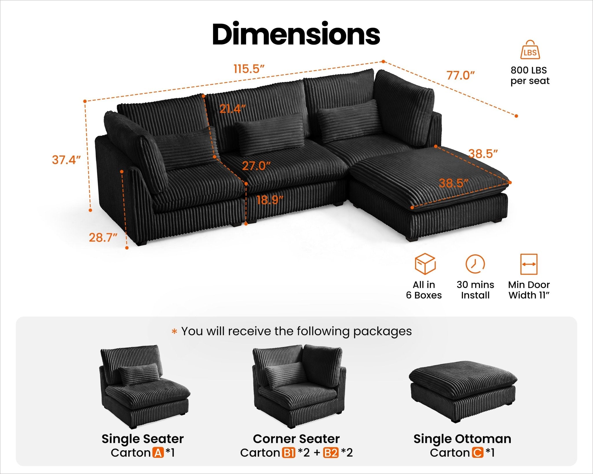 MONARCA Fluffy Corduroy 3 Seats with Ottoman