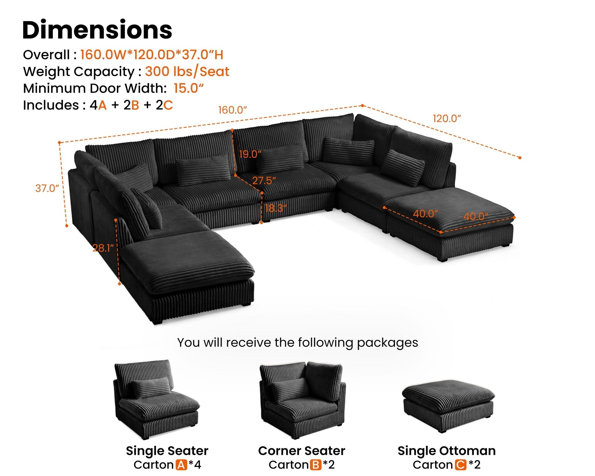 MONARCA Fluffy Corduroy 4 Seats with 4 Ottomans