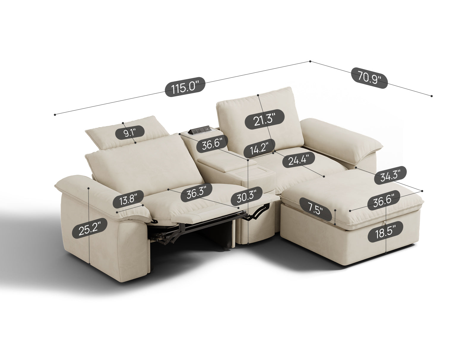 SOMA Prestige 3 Seat L-shaped, with Recliner & Console | Nap Armrests