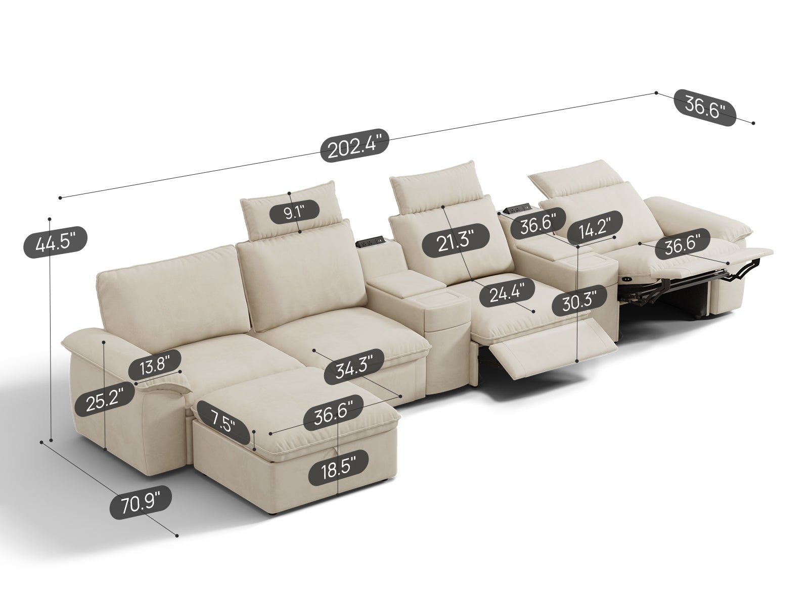 SOMA Prestige 5 Seat L - shaped, with 3 Recliners & 2 Consoles | Nap Armrests