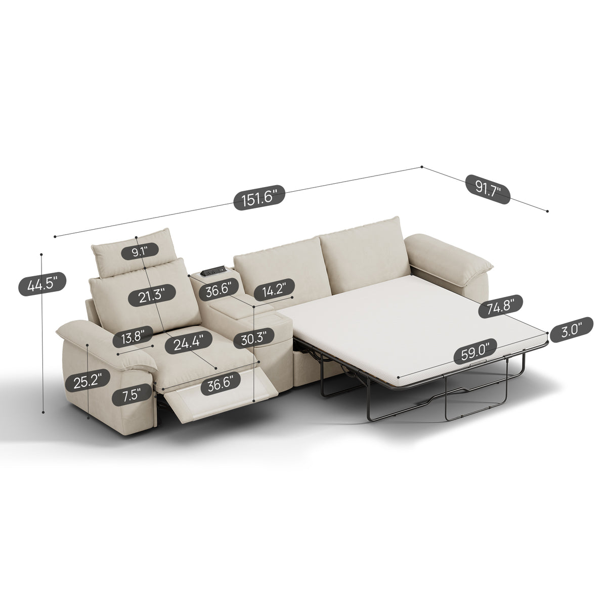 SOMA Oasis I 3 Seat Electric Sofa & Powered Console, with 2IN1 Hidden Sofa Bed | Nap Armrests