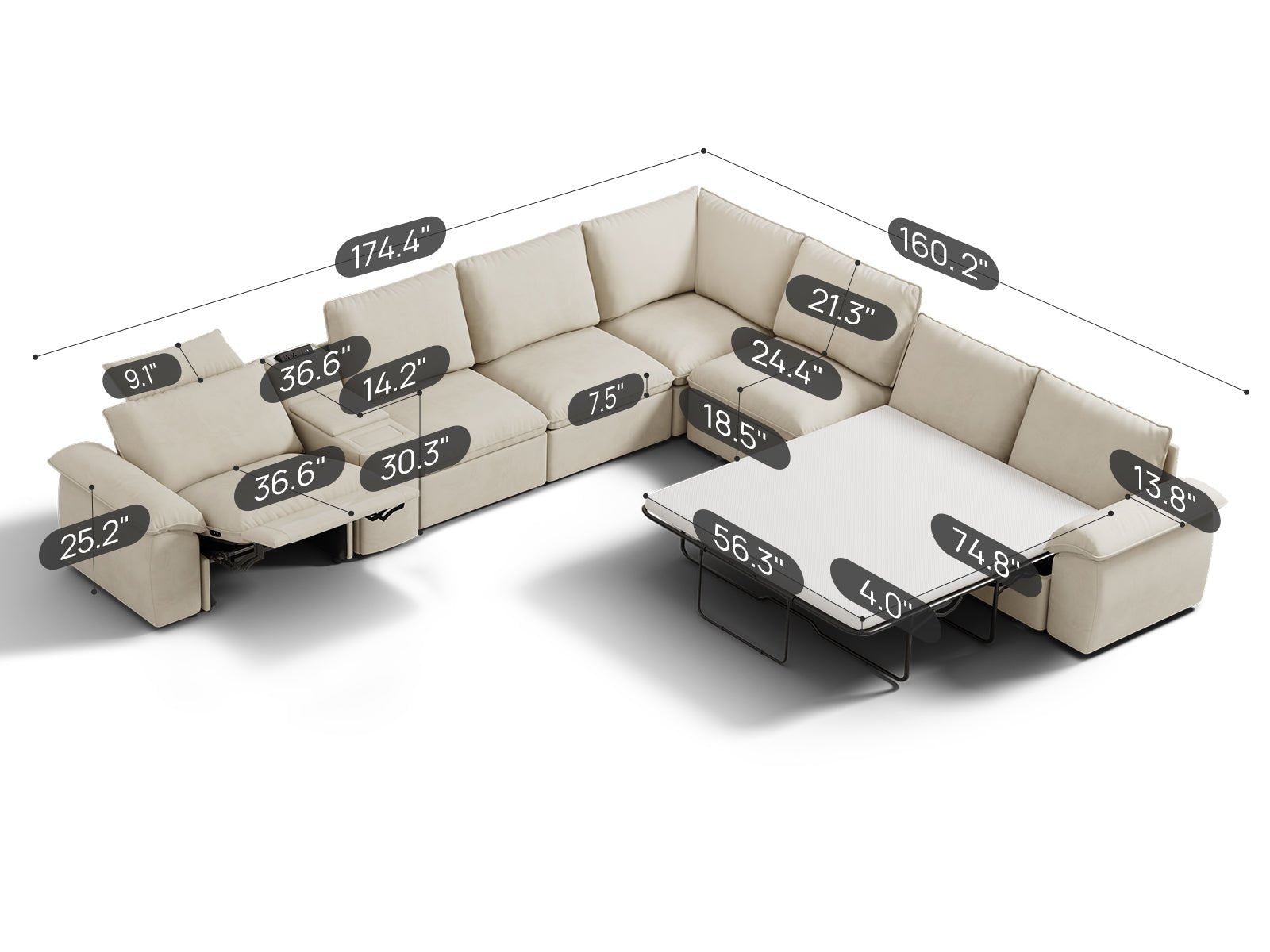 SOMA Oasis I 7 Seat V - shaped Versatile Recliner, with Hidden Sofa Bed | Nap Armrests