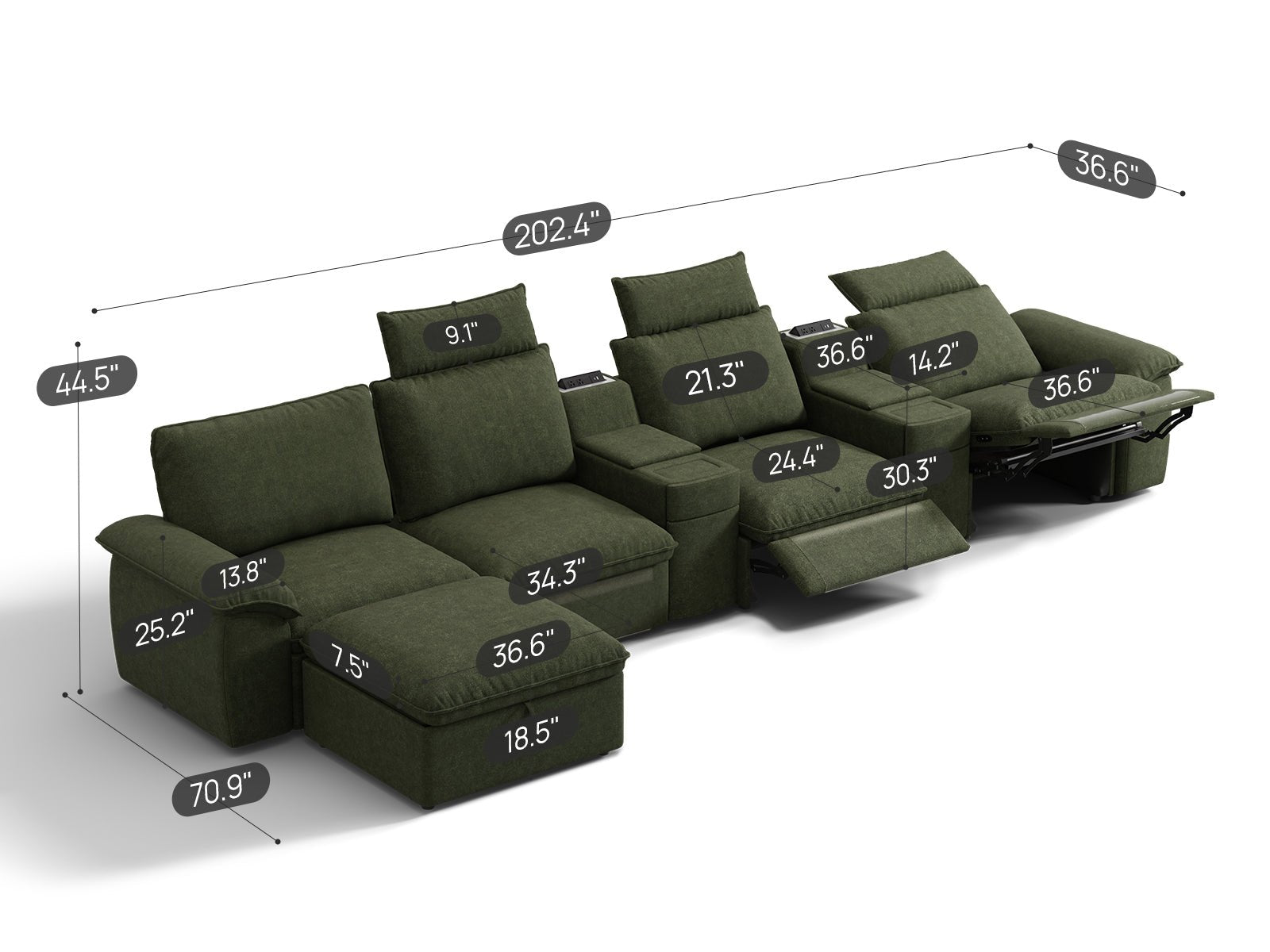 SOMA Prestige 5 Seat L - shaped, with 3 Recliners & 2 Consoles | Nap Armrests