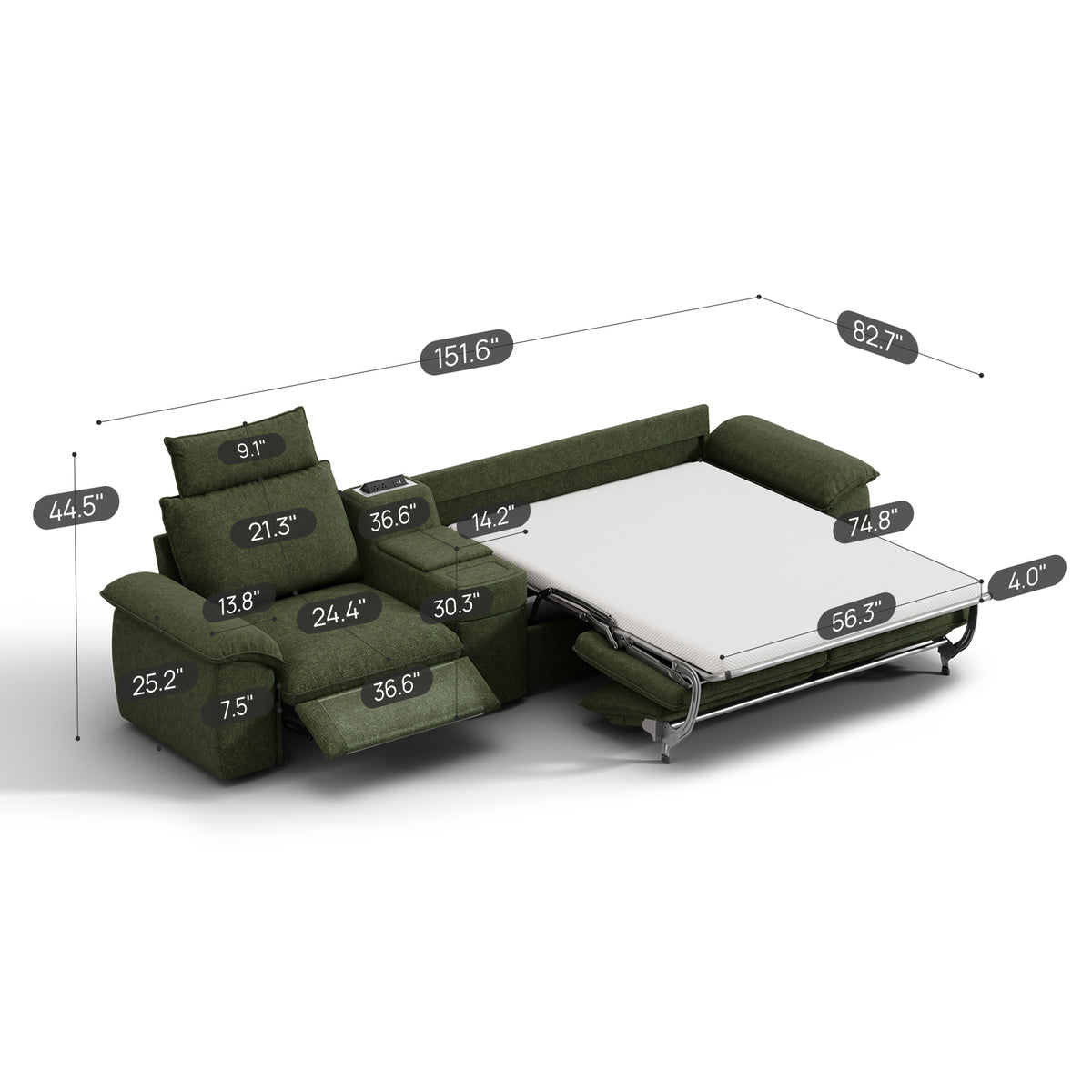 SOMA Oasis II 3 Seat Electric Sofa & Power Console, with Hidden One-pull Sofa Bed | Nap Armrests