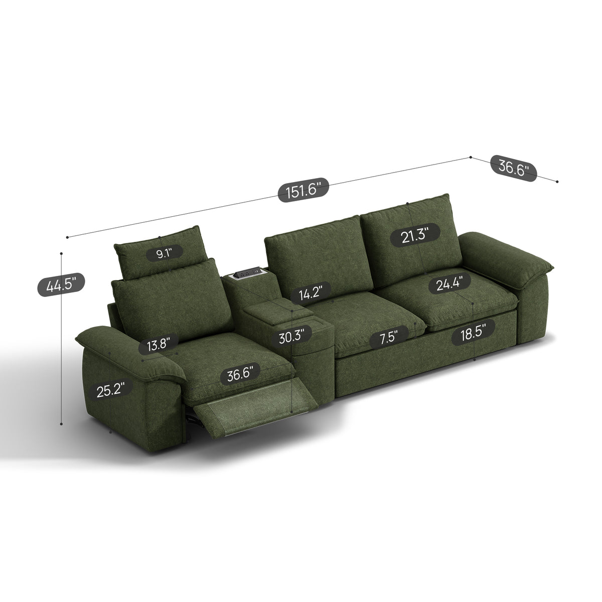 SOMA Oasis II 3 Seat Electric Sofa & Power Console, with Hidden One-pull Sofa Bed | Nap Armrests