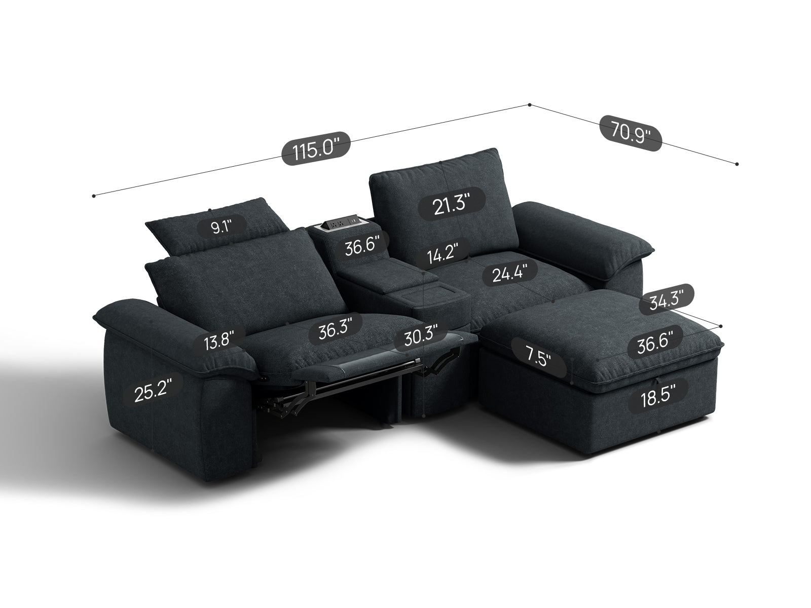 SOMA Prestige 3 Seat L-shaped, with Recliner & Console | Nap Armrests