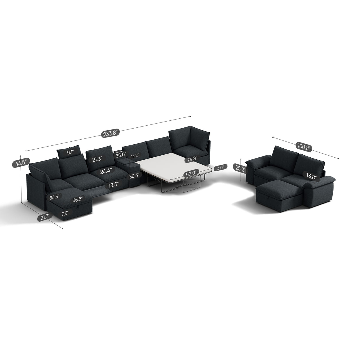 SOMA Bundles 7 Seat Recliner & Power Console, with 2IN1 Hidden Sleeper Sofa Bed | Nap Armrests