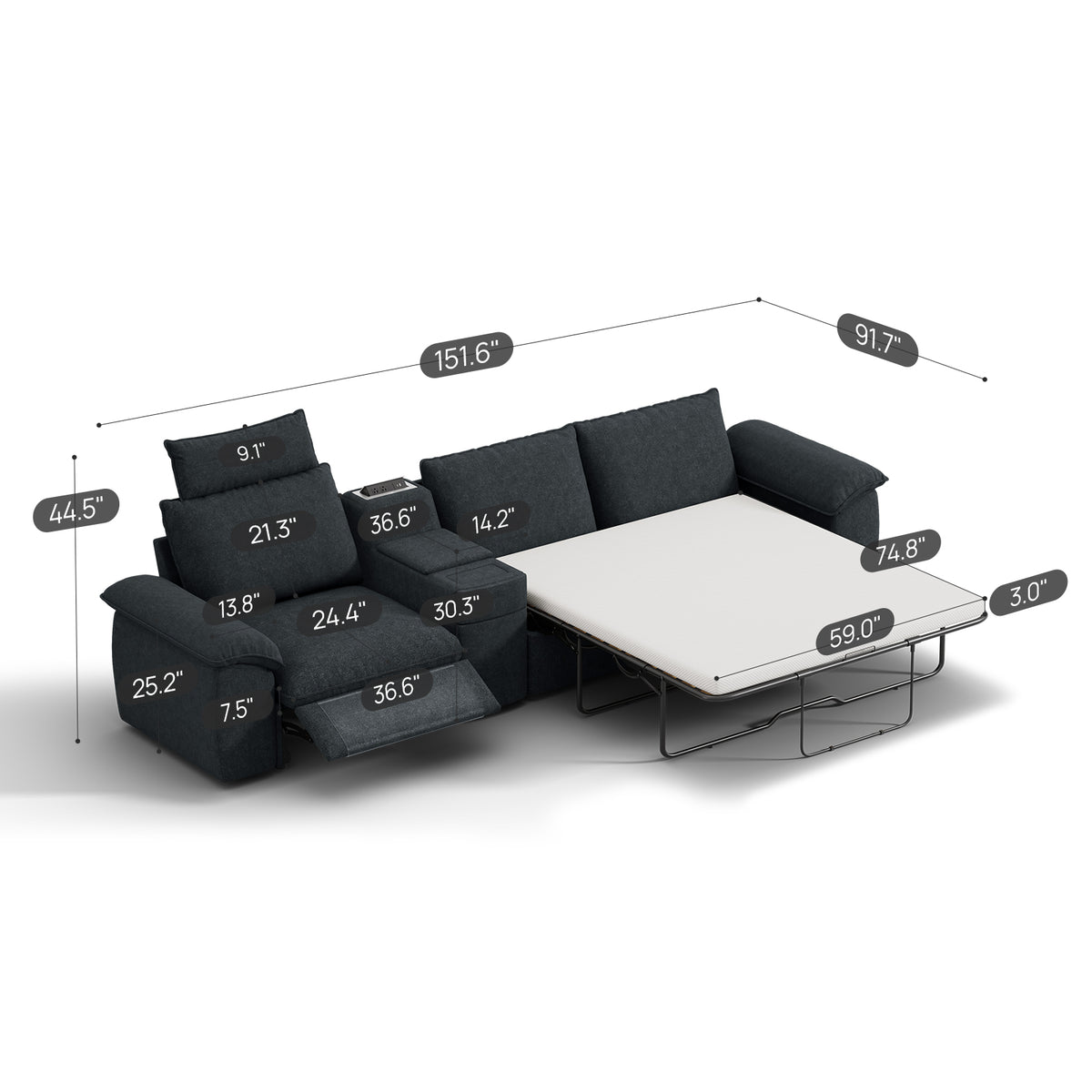 SOMA Oasis I 3 Seat Electric Sofa & Powered Console, with 2IN1 Hidden Sofa Bed | Nap Armrests