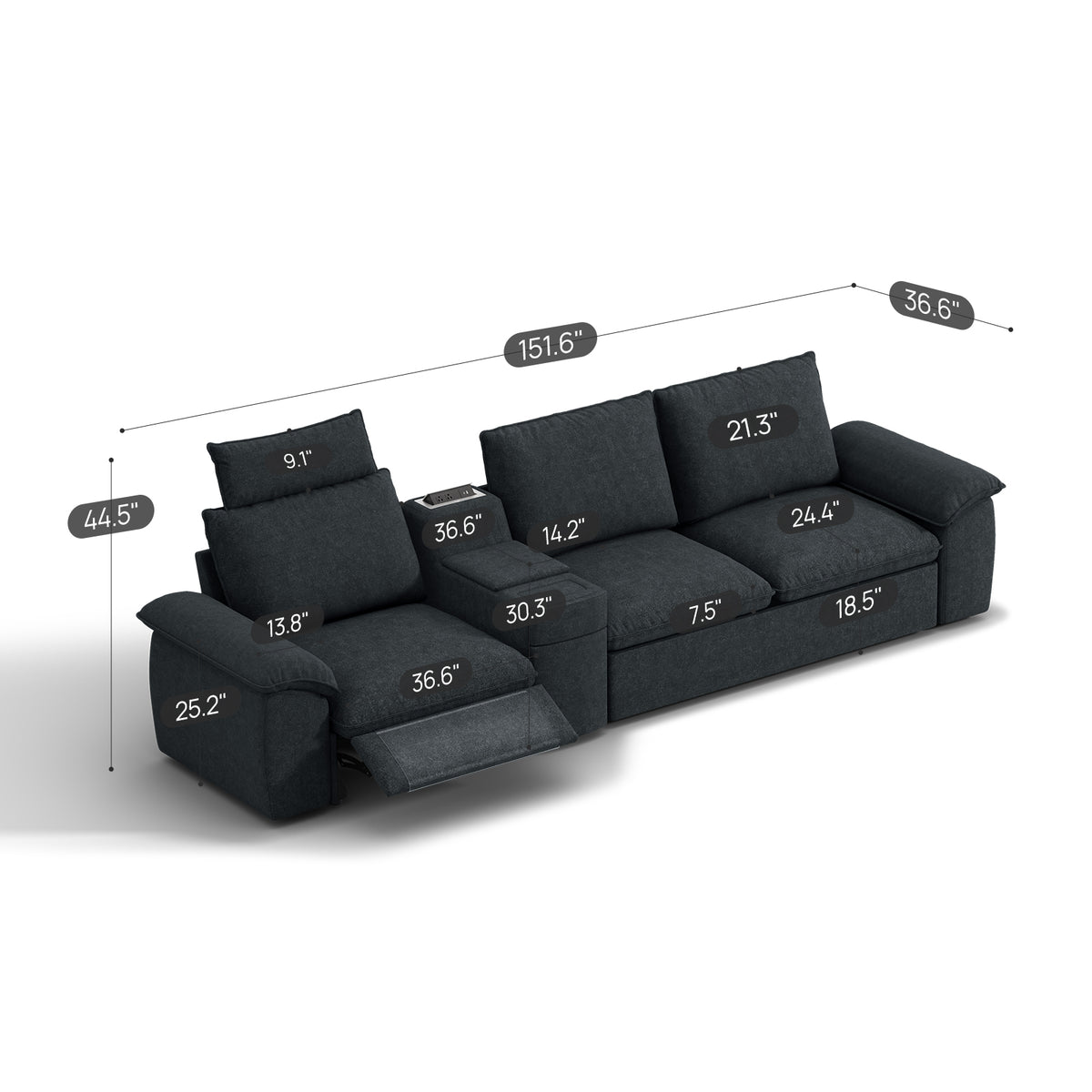 SOMA Oasis I 3 Seat Electric Sofa & Powered Console, with 2IN1 Hidden Sofa Bed | Nap Armrests