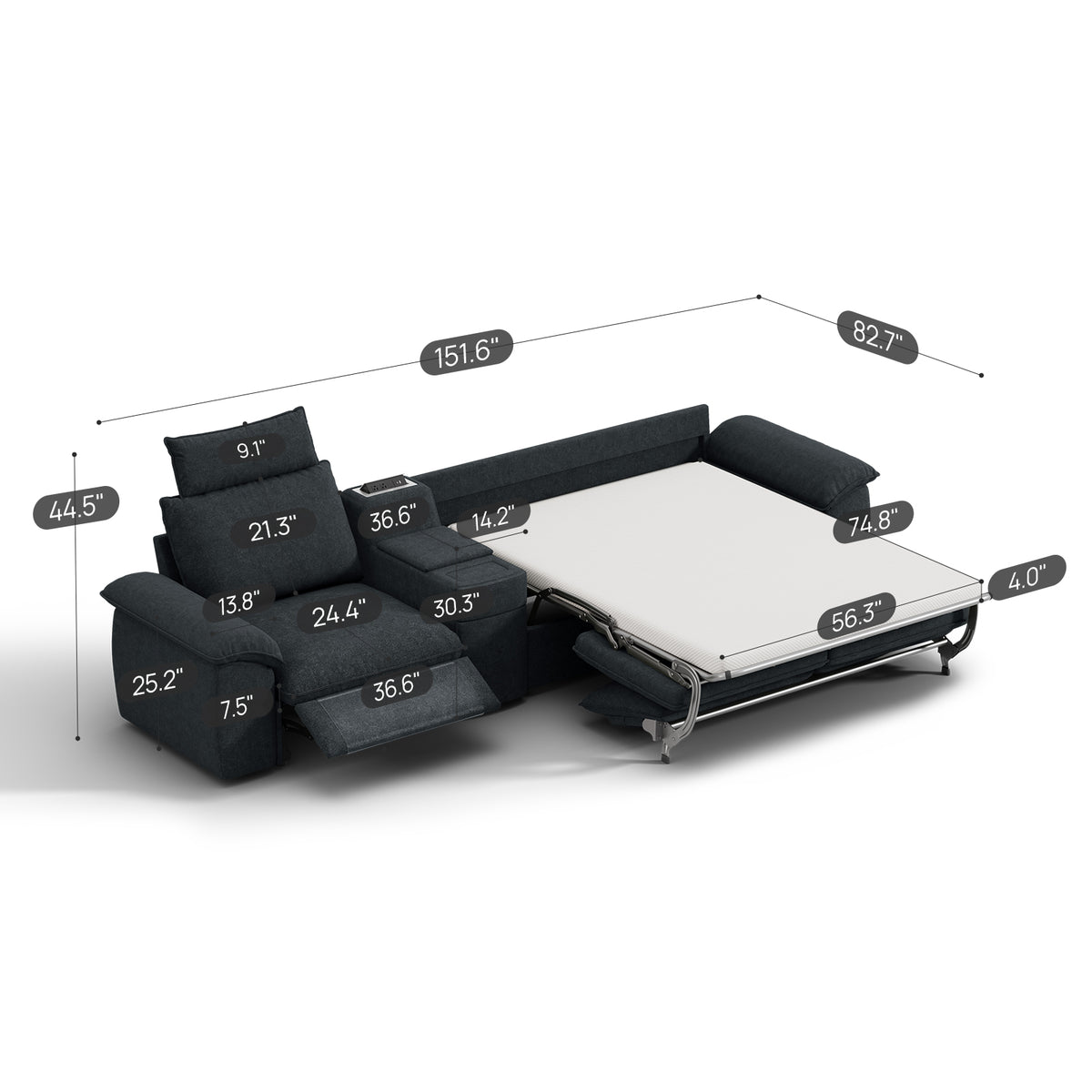 SOMA Oasis II 3 Seat Electric Sofa & Power Console, with Hidden One-pull Sofa Bed | Nap Armrests