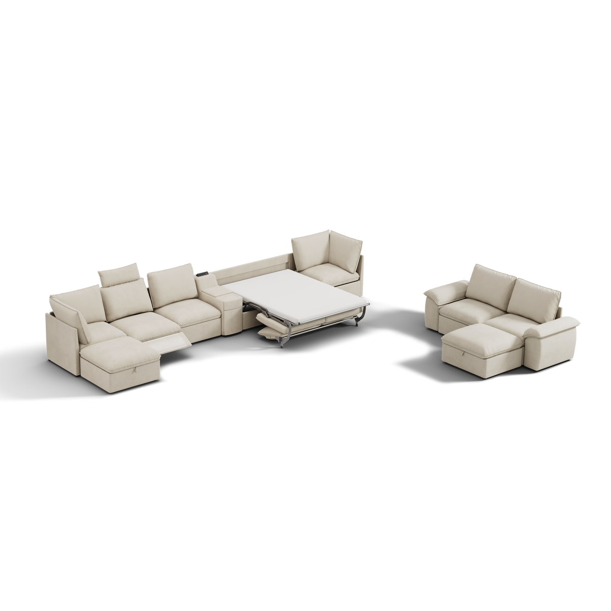 SOMA Bundles 7 Seat Recliner & Power Console, with Hidden One-Pull Sofa Bed | Nap Armrests