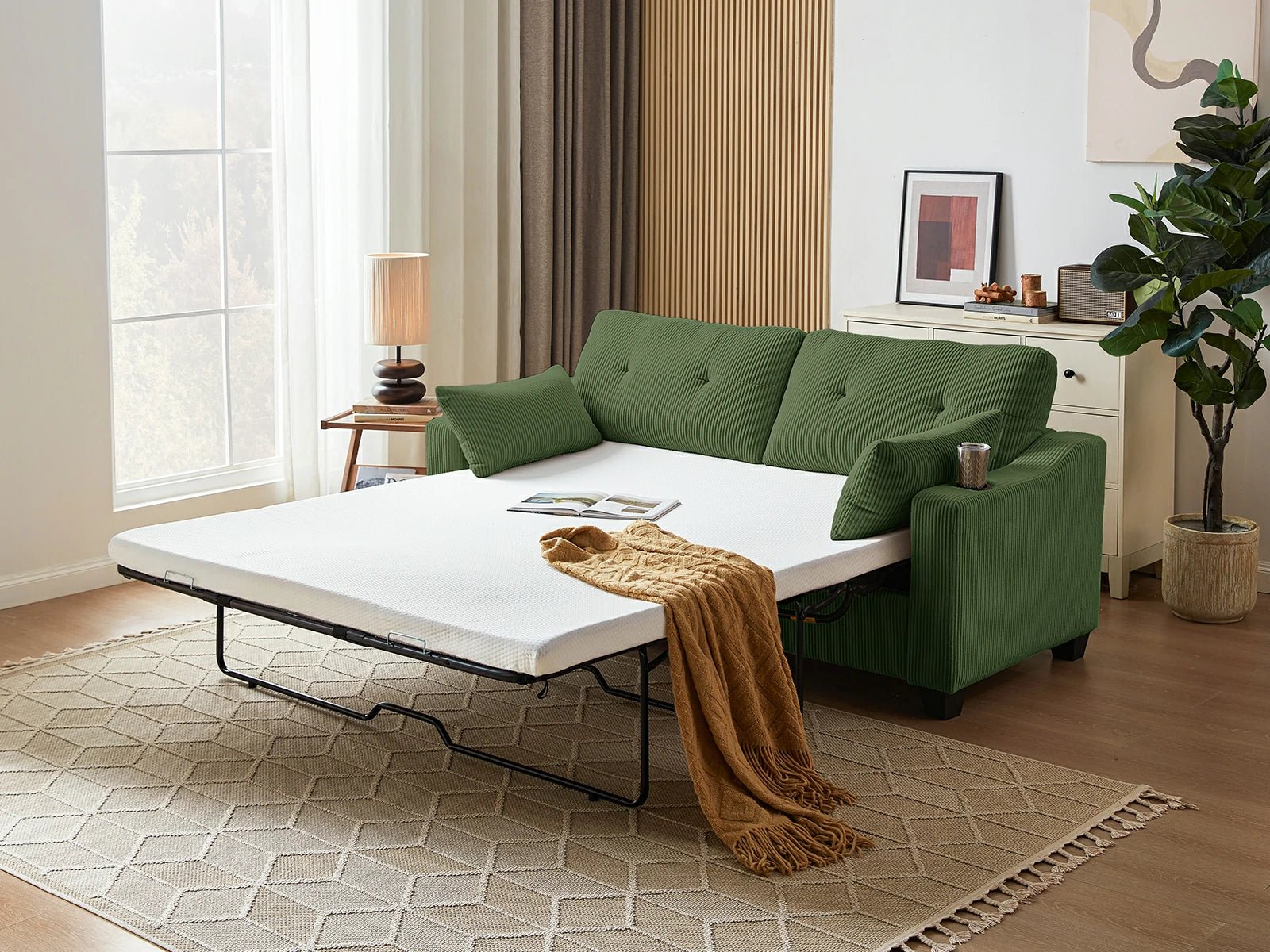 CURLIN Queen Size 2IN1 Corduroy Pull Out Sofa Bed - green