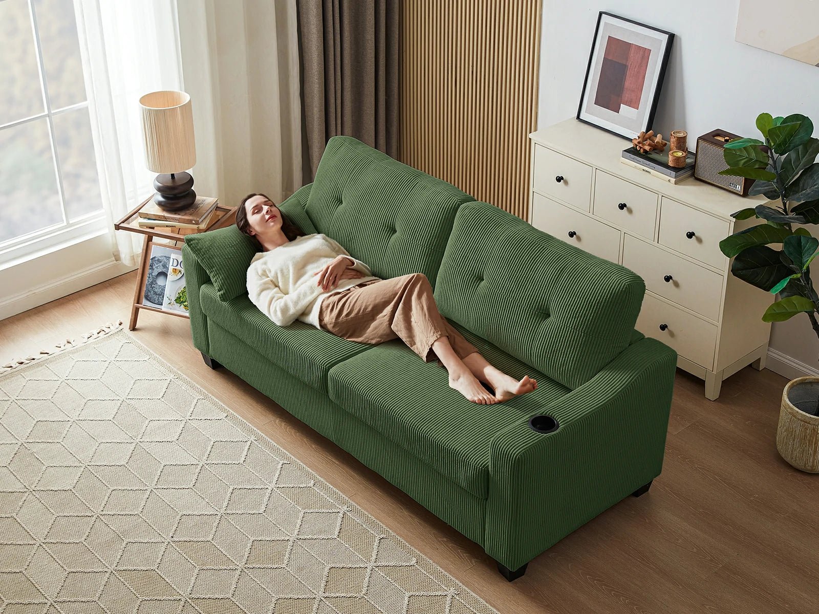 CURLIN Queen Size 2IN1 Corduroy Pull Out Sofa Bed - green