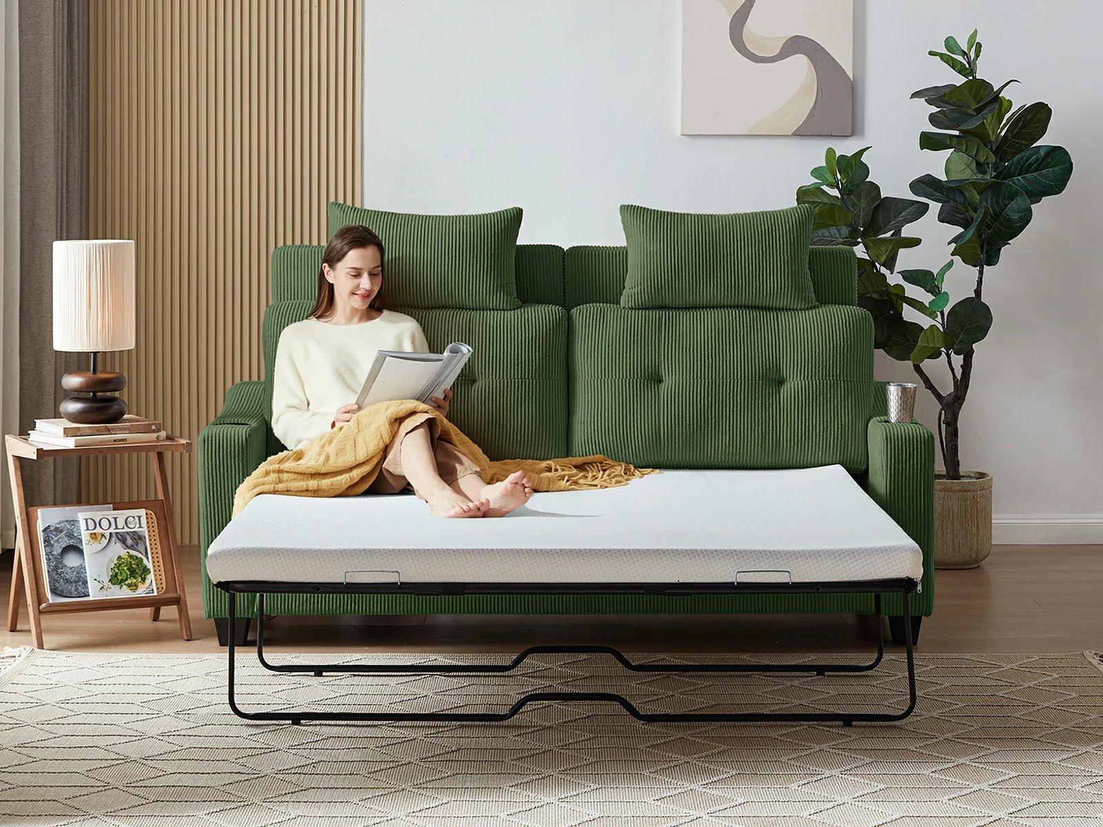 CURLIN Queen Size 2IN1 Corduroy Pull Out Sofa Bed - green