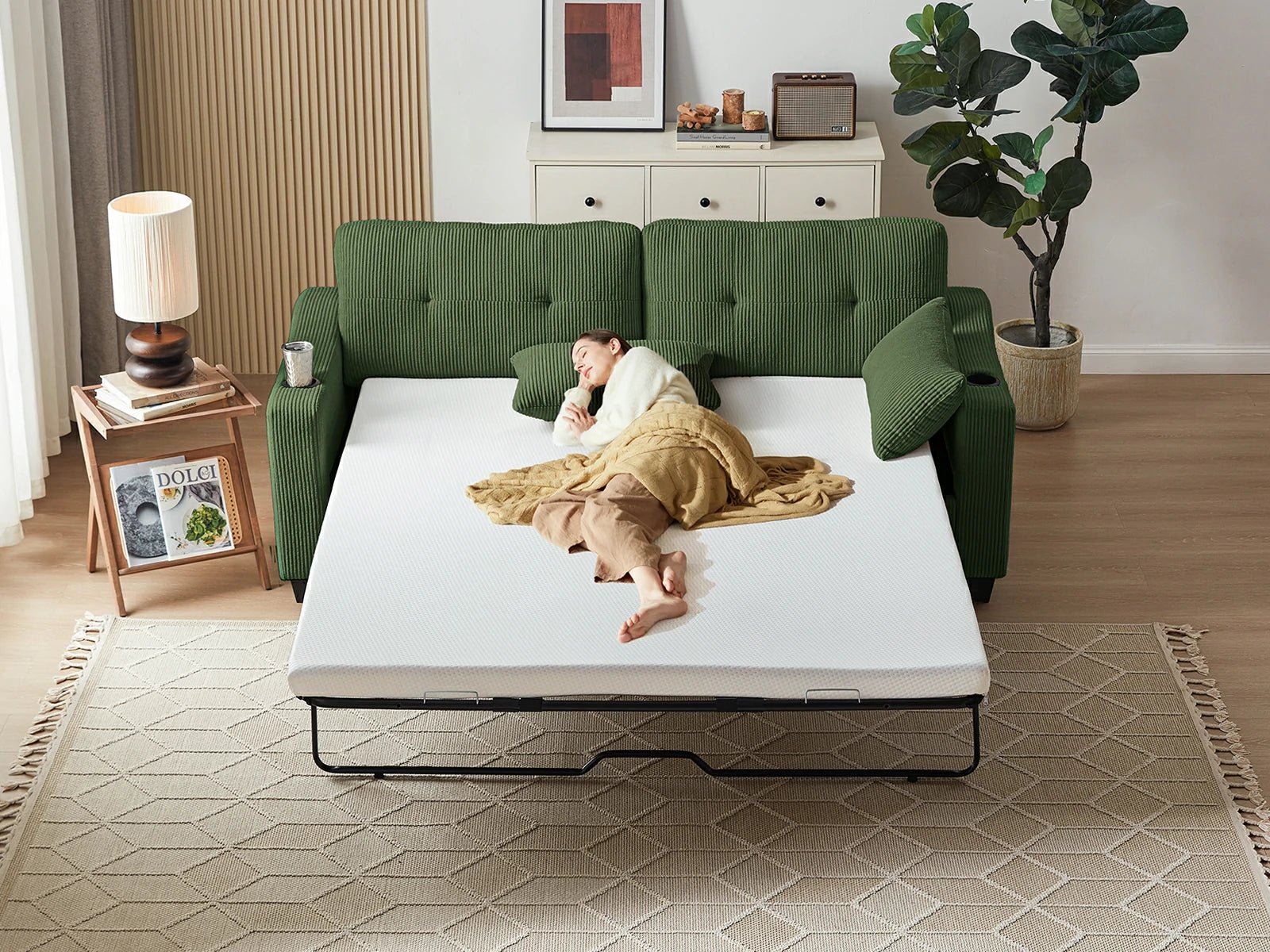 CURLIN Queen Size 2IN1 Corduroy Pull Out Sofa Bed - green