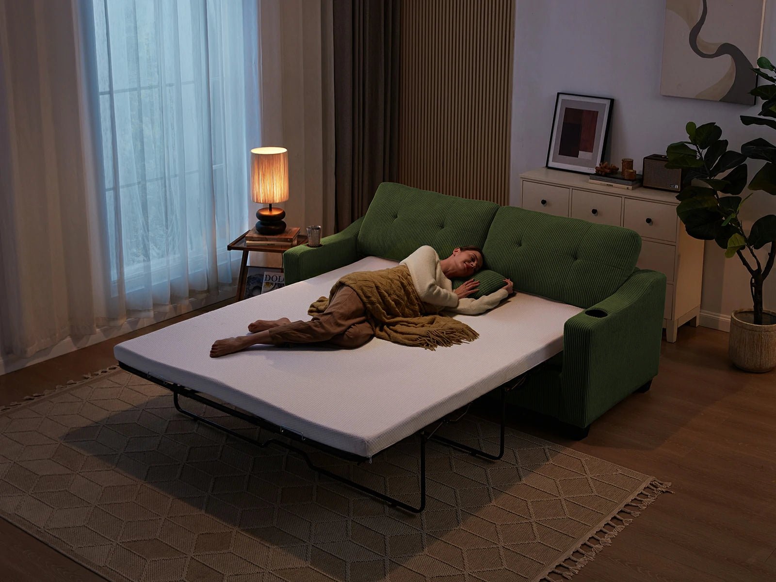 CURLIN Queen Size 2IN1 Corduroy Pull Out Sofa Bed - green