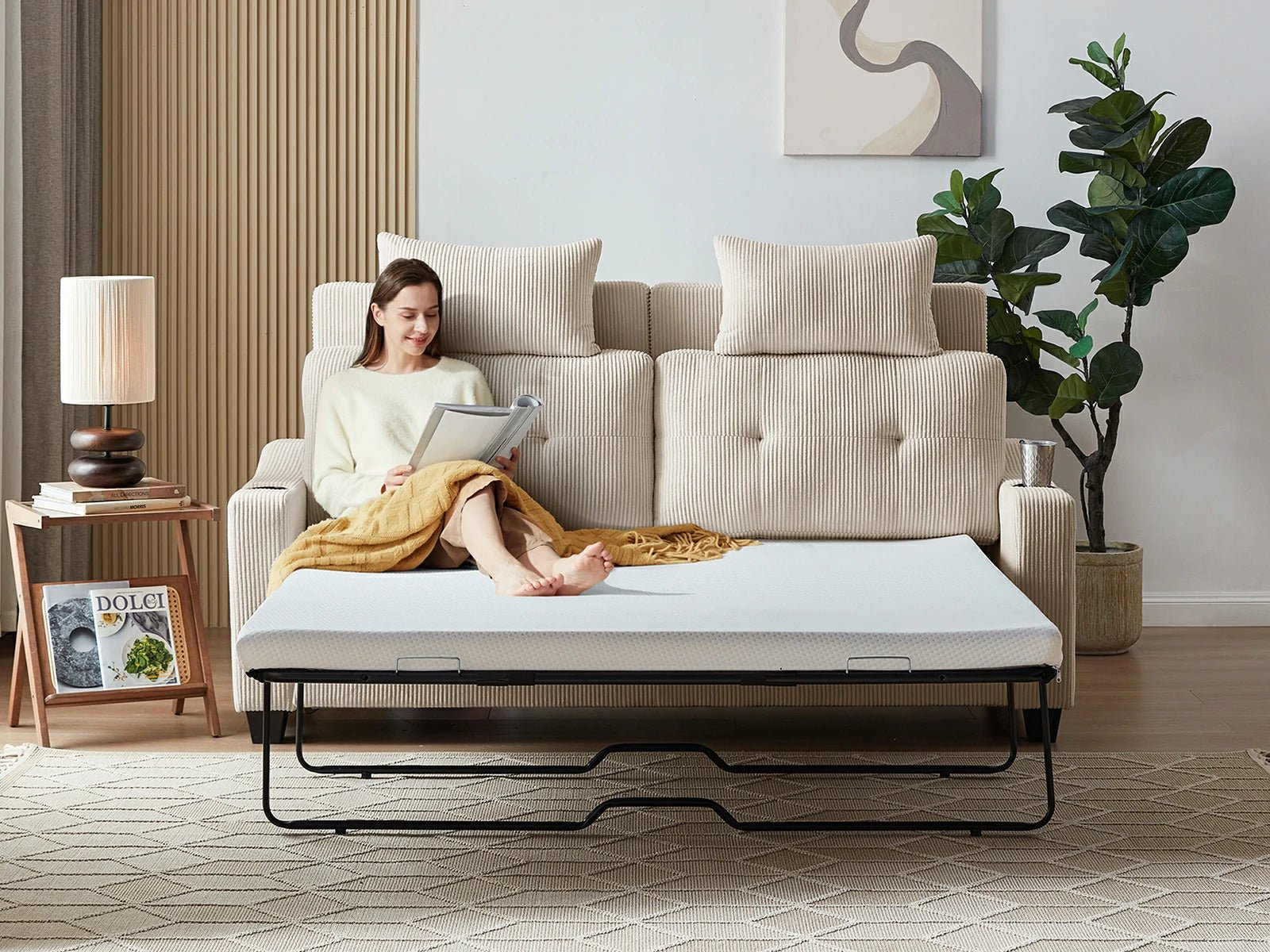 CURLIN Queen Size 2IN1 Corduroy Pull Out Sofa Bed - white