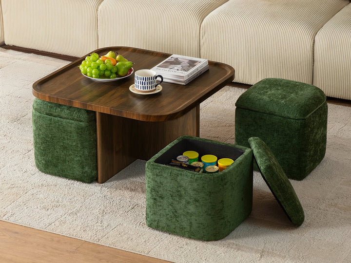 MADERA multi-functional walnut coffee table with green chenille storage ottomans in a living room