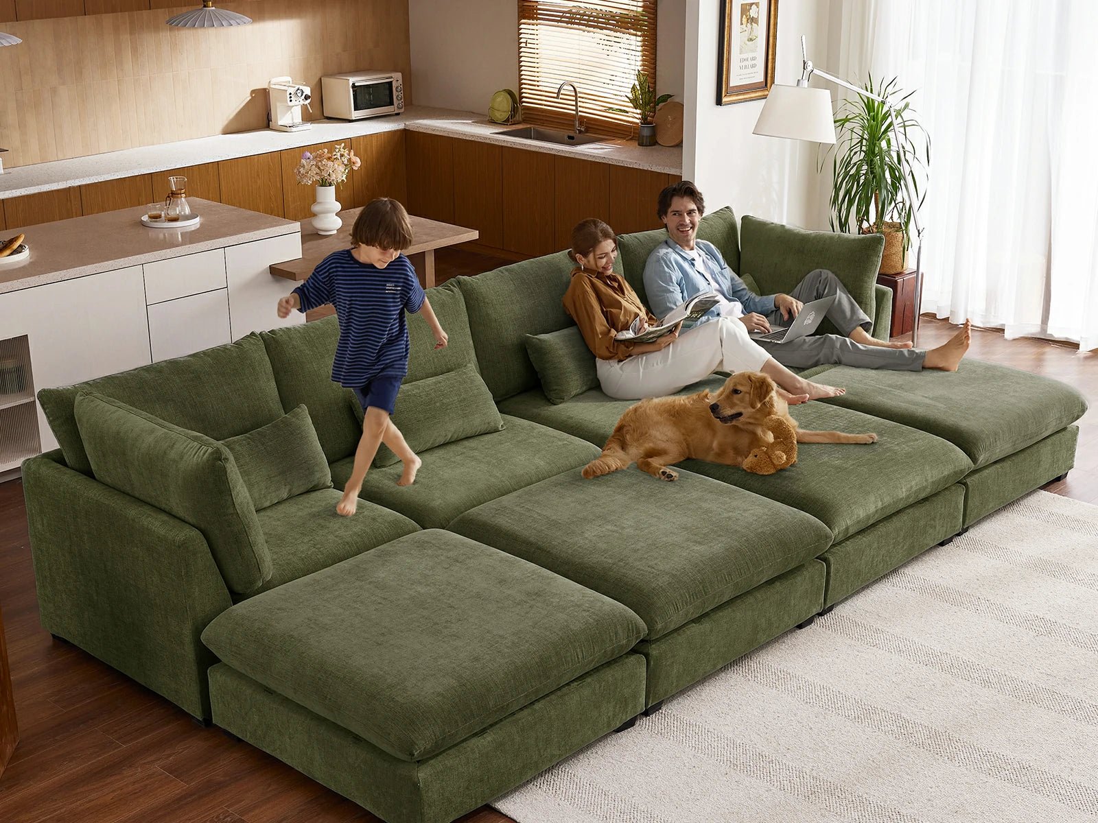 MONARCA Chenille 3 Seats with 3 Ottomans