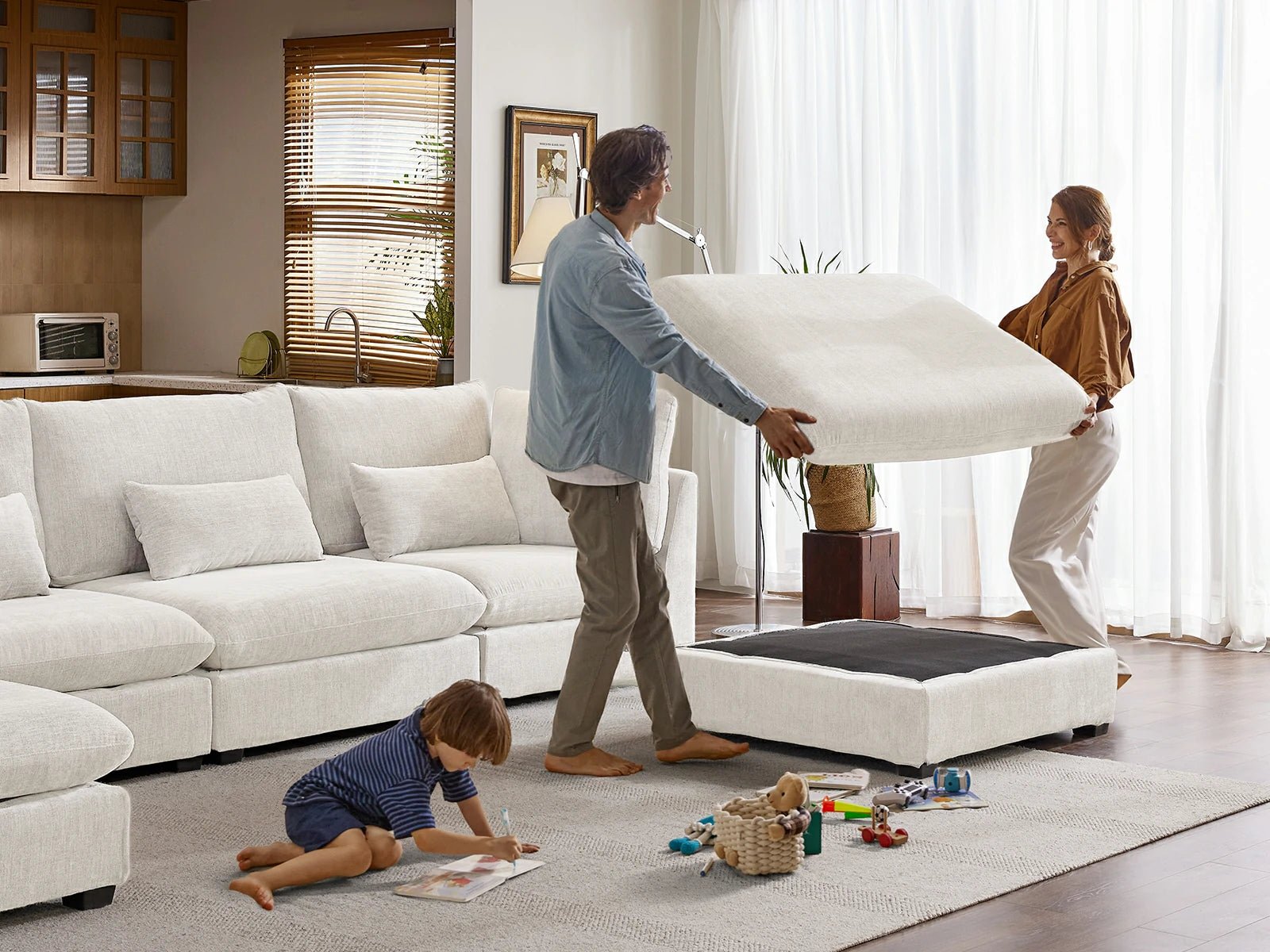 MONARCA Chenille 3 Seats with 3 Ottomans