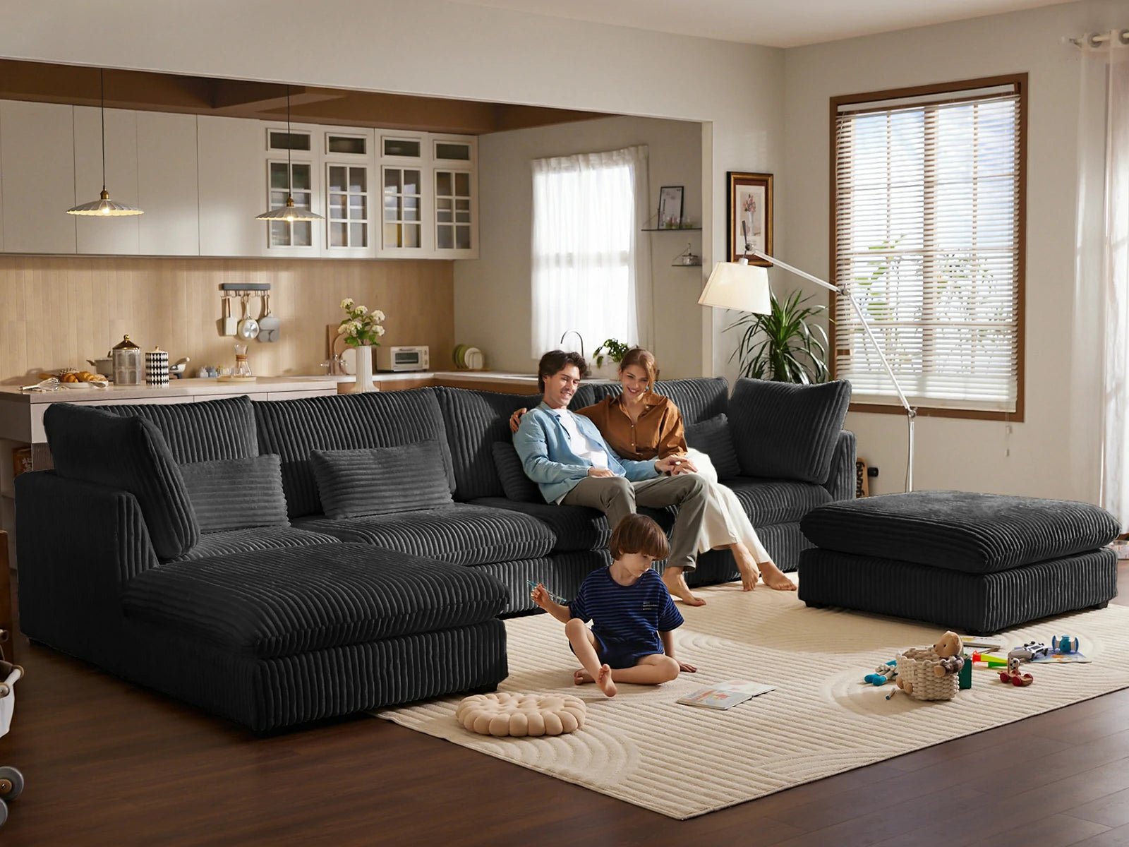 MONARCA Fluffy Corduroy 3 Seats with 3 Ottomans