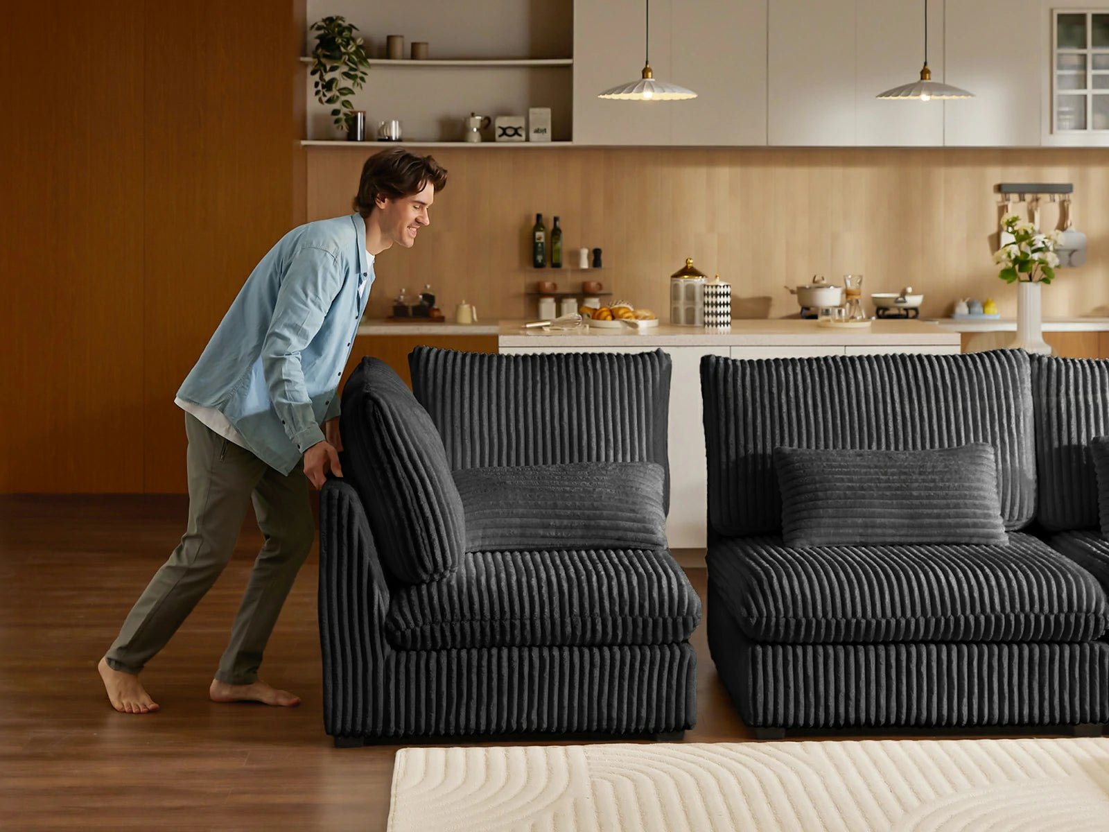 MONARCA Fluffy Corduroy 3 Seats with 3 Ottomans