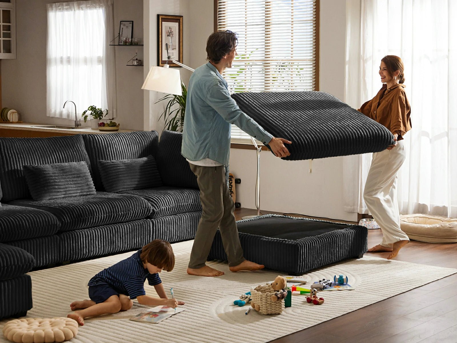 MONARCA Fluffy Corduroy 3 Seats with 3 Ottomans