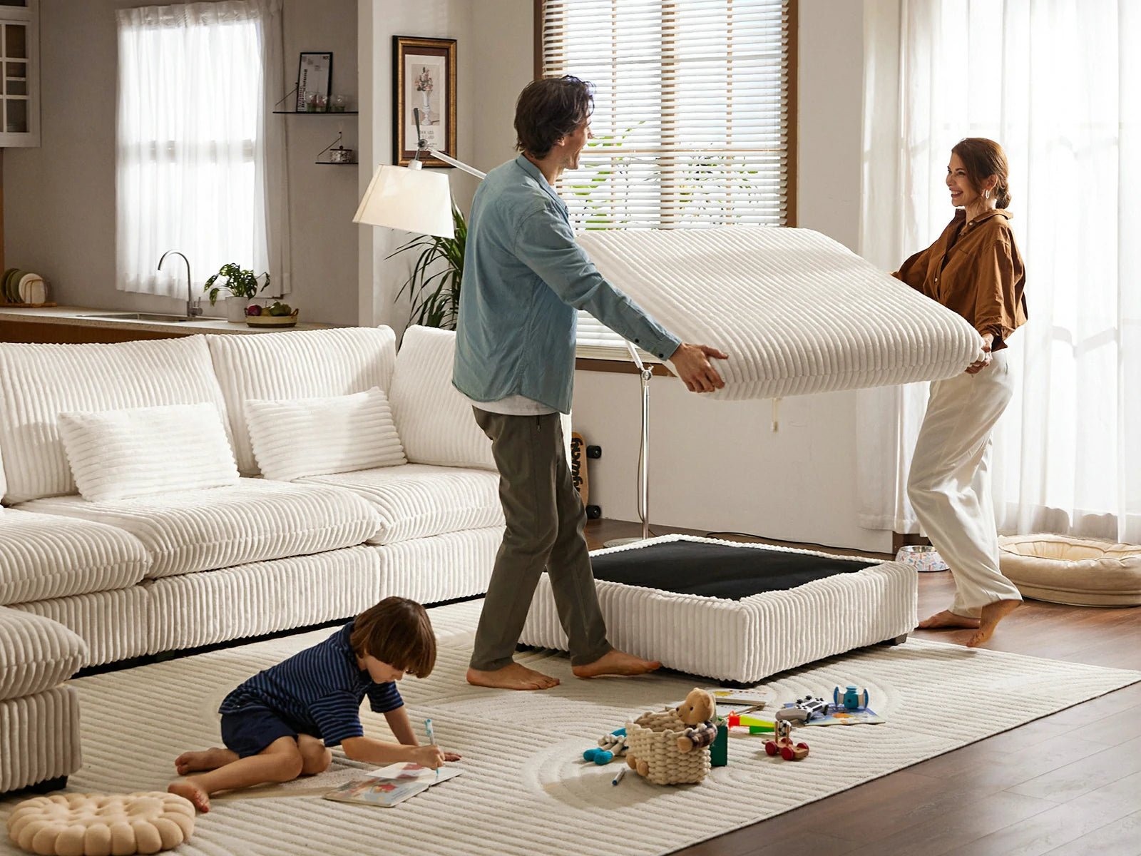 MONARCA Fluffy Corduroy 3 Seats with 3 Ottomans