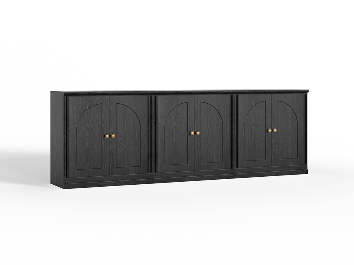 MONOS black modular sideboard cabinet set with three hinged storage cabinets on a clean white background