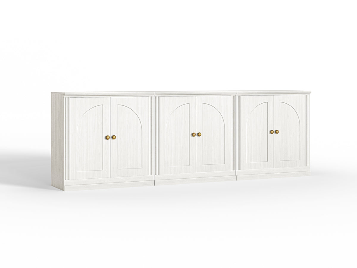 MONOS white modular sideboard cabinet set with three hinged storage cabinets on a clean white background