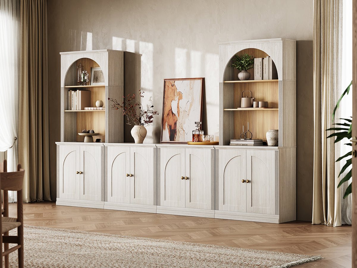 MONOS white oak modular wall storage cabinet set with arch-top shelves and hinged lower cabinets in a bright living room