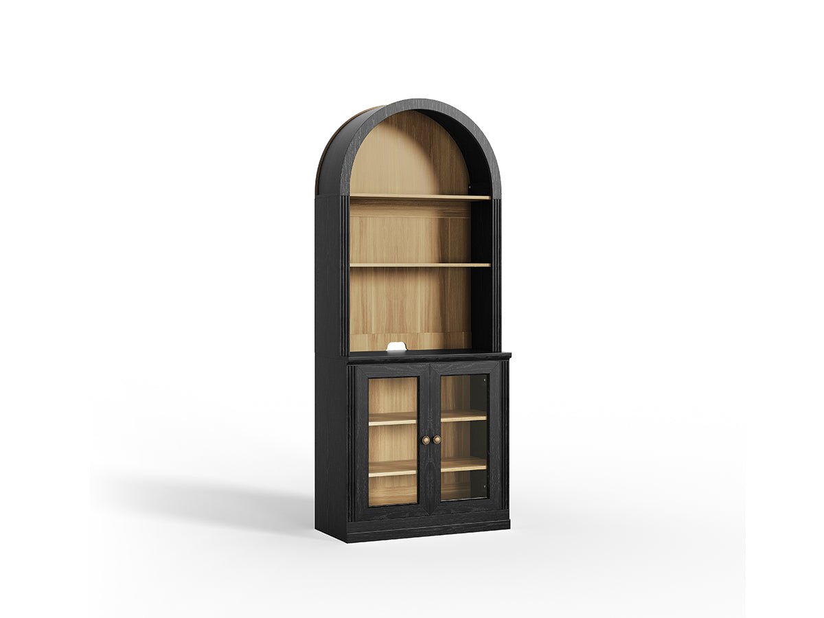 Monos black tall arch-top glass door display cabinet shown on a clean white background