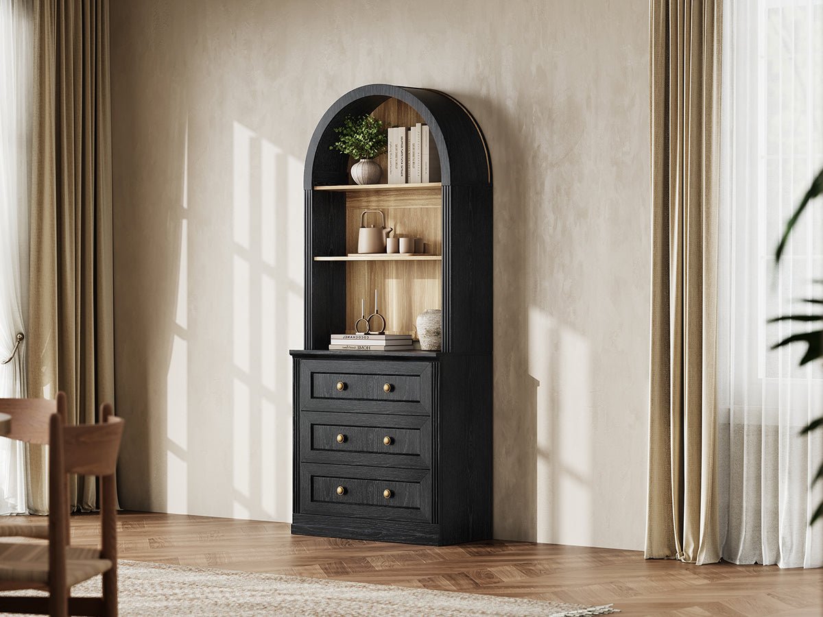 Monos black tall arch-top drawer cabinet styled in a bright lifestyle room scene