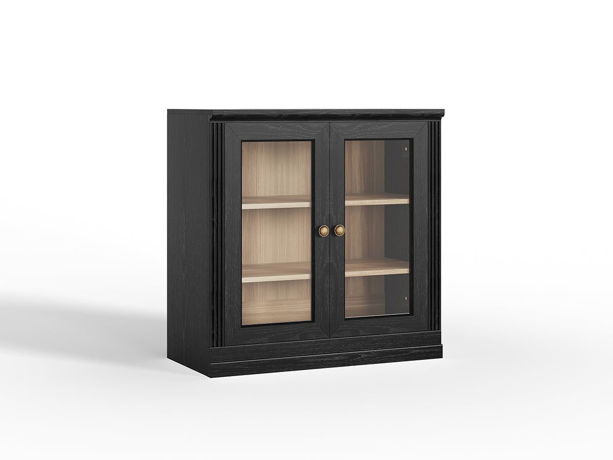 Monos black glass door display storage cabinet shown on a clean white background