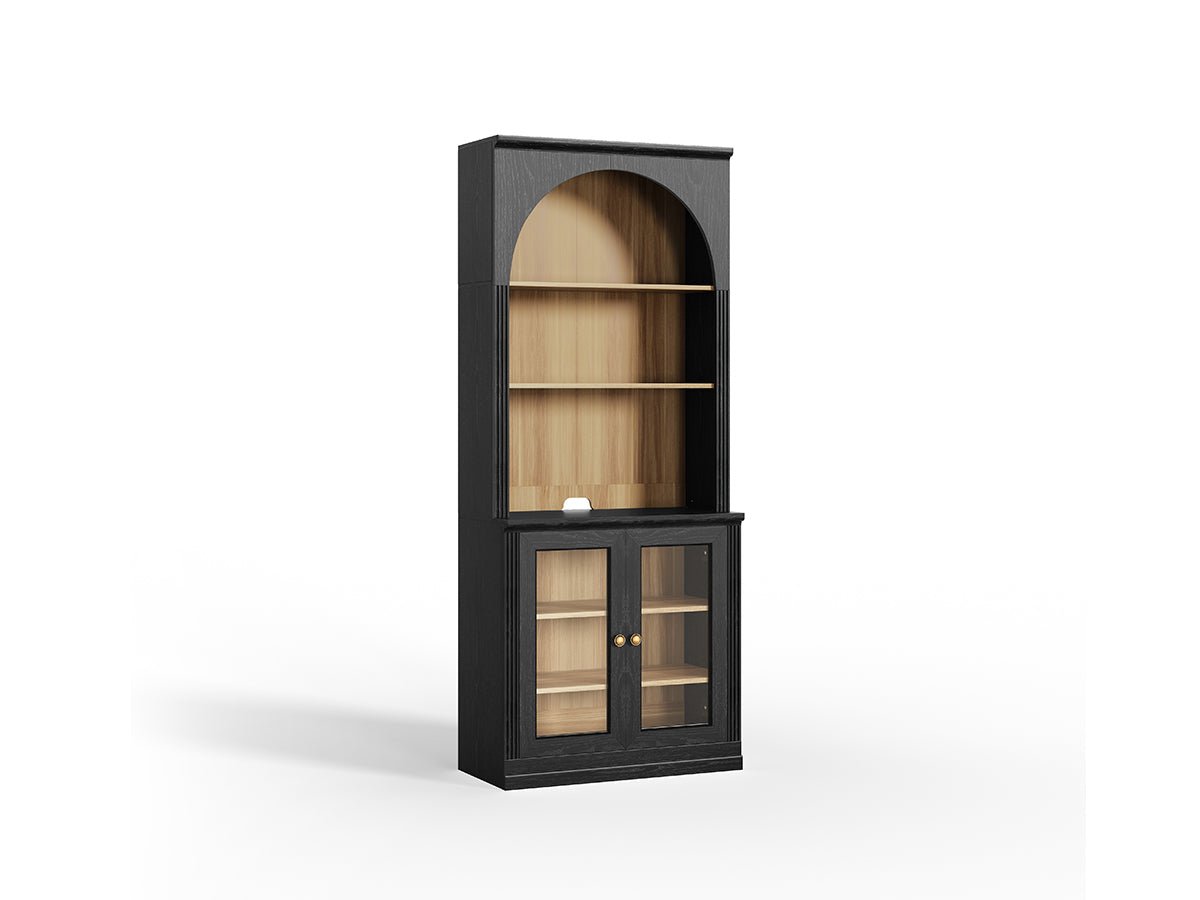 Monos black tall flat-top glass door display cabinet shown on a clean white background