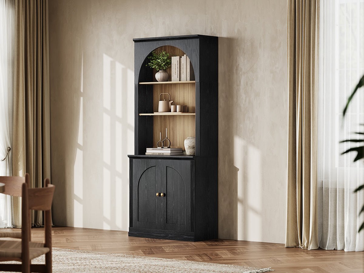Monos black tall flat-top hinged cabinet styled in a bright lifestyle room scene