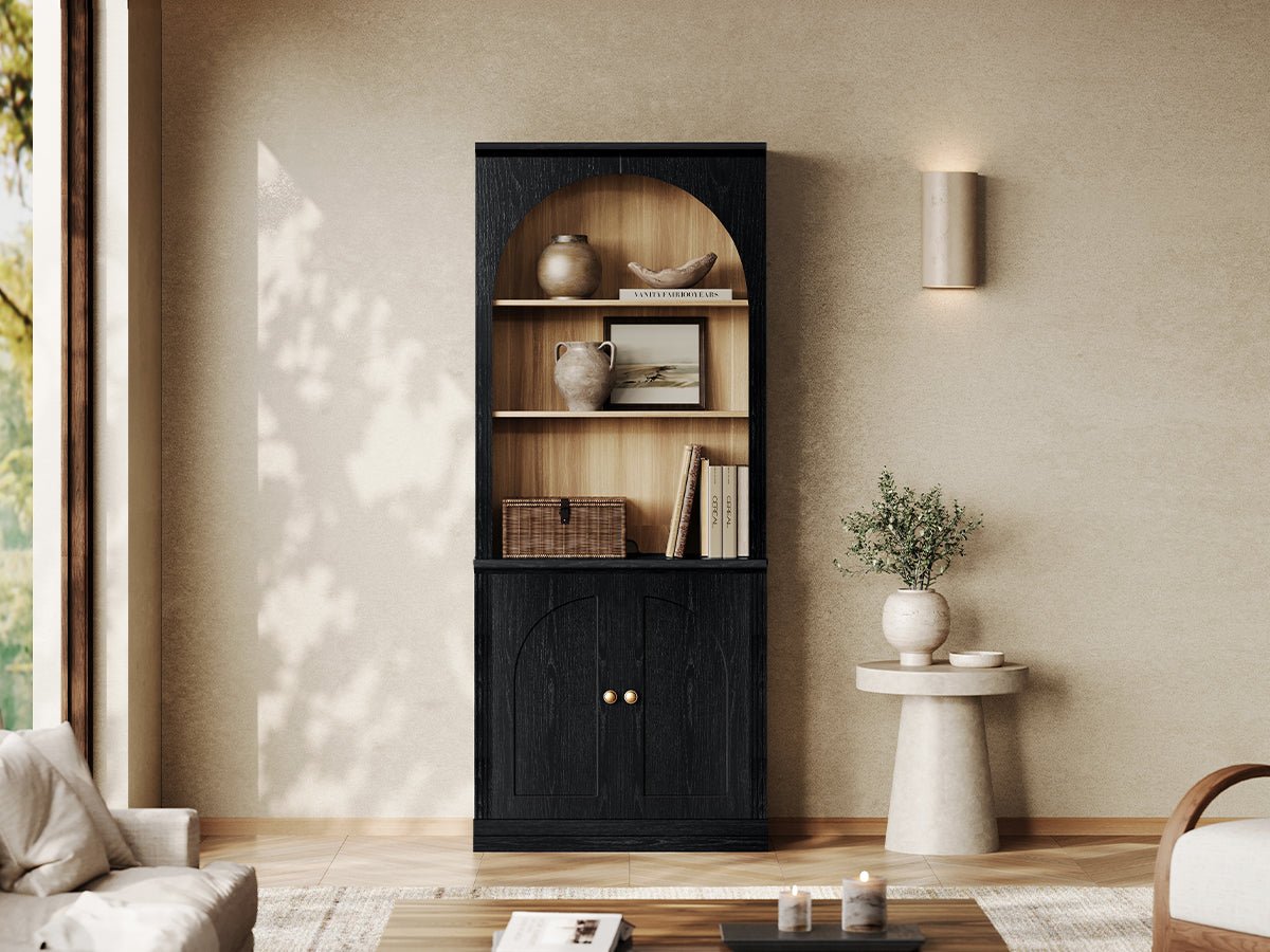 Monos black flat-top storage cabinet with open shelves and lower doors in a living room