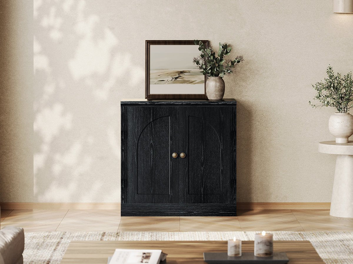 Monos black hinged modular cabinet displayed in a modern living room setting
