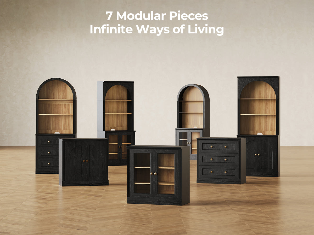 Monos black modular storage cabinet collection with seven configurable pieces