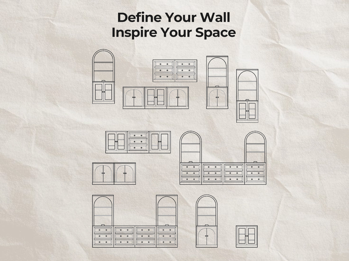 Monos modular cabinet collection sketches showing wall storage layout ideas