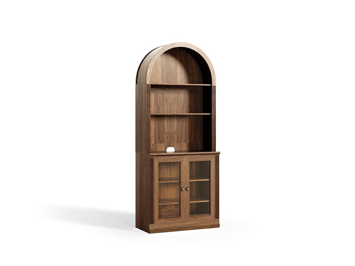Monos walnut tall arch-top glass door display cabinet shown on a clean white background