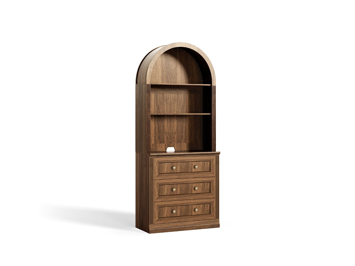 Monos walnut tall arch-top drawer storage cabinet shown on a clean white background
