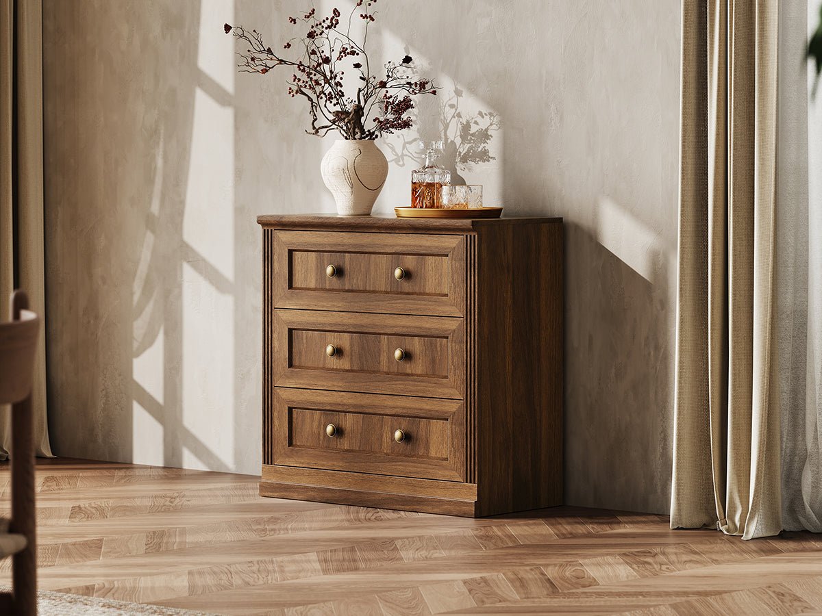 Monos walnut drawer storage cabinet styled in a lifestyle room scene with decor