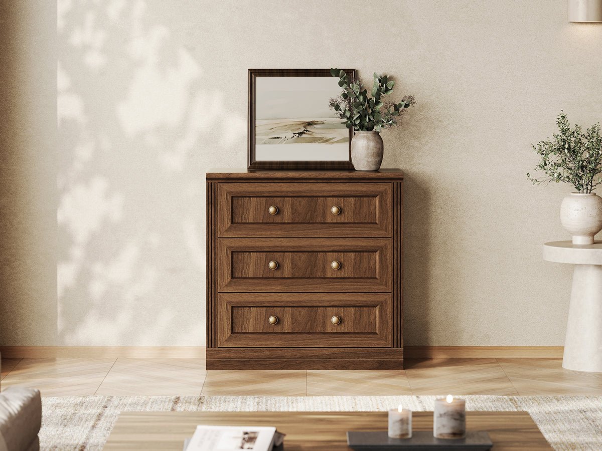 Monos walnut modular drawer cabinet displayed in a warm living room setting