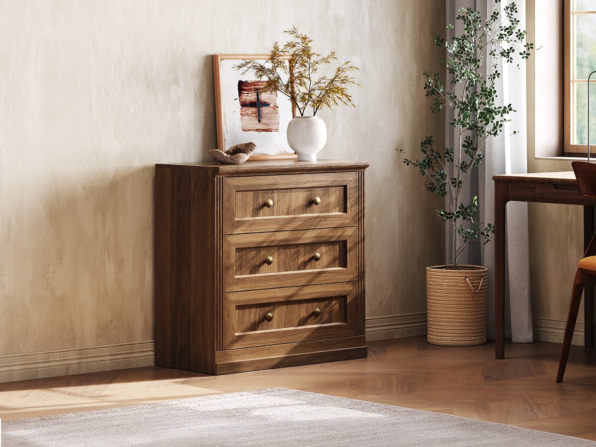 Monos walnut drawer storage cabinet displayed beside a window in a cozy room scene